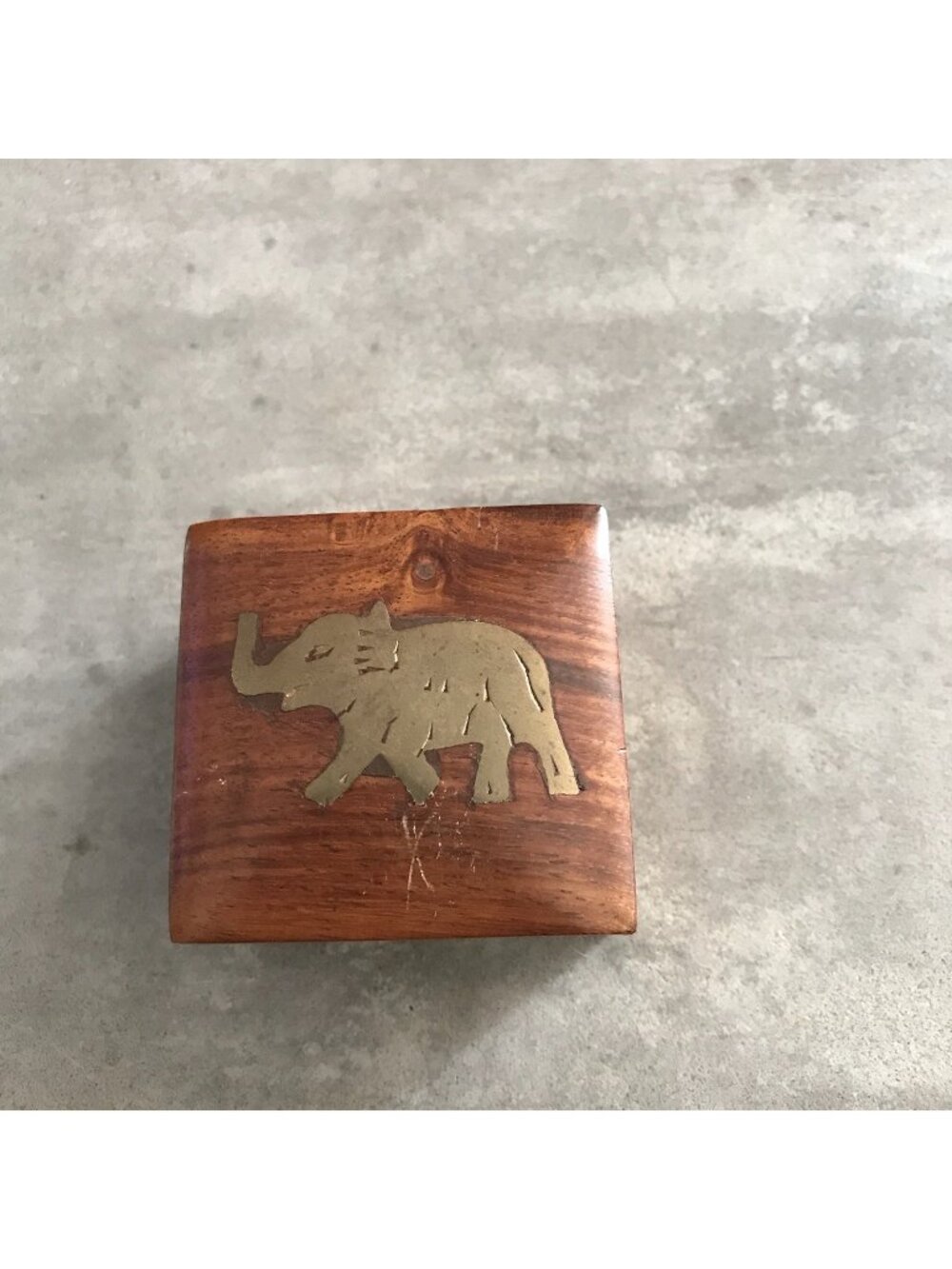 Mini Wooden Trinket Box Brass Elephant Brown Vintage Boho Decor Hinged Square